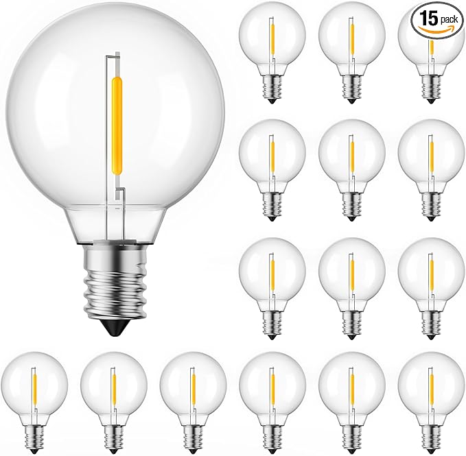 Brightown G40 Led Replacement Light Bulbs 1W Shatterproof Globe Bulb Fits E12 or C7 Candelabra Screw Base Sockets, 1.5 Inch Dimmable Light Bulbs for Indoor Outdoor Patio Decor, Warm White, 15 Pack