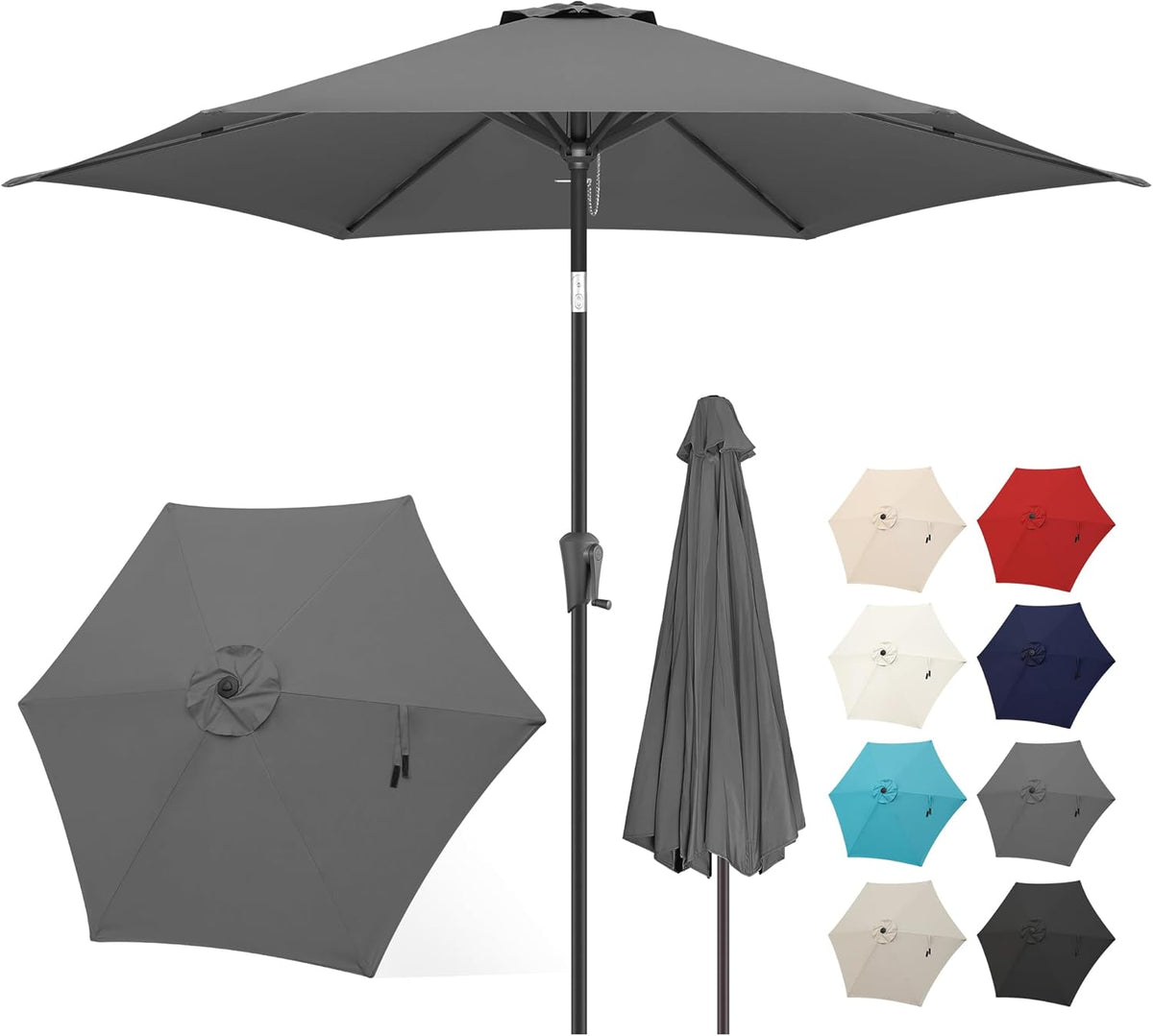 FLAME&SHADE 10ft Patio Umbrella - Outdoor Umbrella with 6 Sturdy Ribs, Push Button Tilt and Crank, UV Protection Table Market Umbrella for Pool, Porch，Garden, Deck, Backyard (Anthracite)