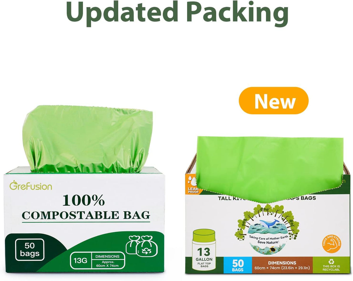 Compostable Bags,Trash bags 13+ gallon tall kitchen, Compostable Trash Lawn & Leaf Yard Waste Bags,Kitchen Compost Trash Bin Compatible,Extra Thick1.01 Mills,Certified by BPI and OK Compost(50count)