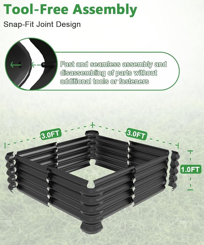 3.0x3.0x1.0ft Raised Garden Bed Kit, Rustproof PP Material Garden Box, Flower Bed with Tool-Free Assembly Design, Square Planter Boxes for Outdoor Plants Vegetables Flower Fruit Herb, Black