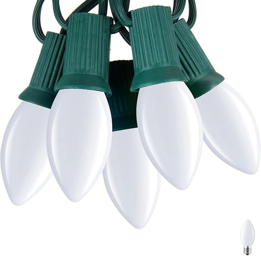 C7 Pure White LED Christmas Lights, 25Ft Vintage String Lights with 25+1 Plastic Bulbs, E12 Candelabra Base, Outdoor Retro Style Hanging Lights for Xmas Patio Fence Roofline Holiday Decorations