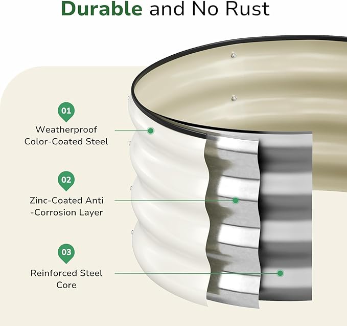 GreatBuddy 2x2x1 ft Round Galvanized Raised Garden Bed, Easy-Assembly Raised Bed with Anti-Cut Gloves & Tools, Rust-Proof Garden Bed for Outdoor, Vegetables, Herbs, Small Trees, White