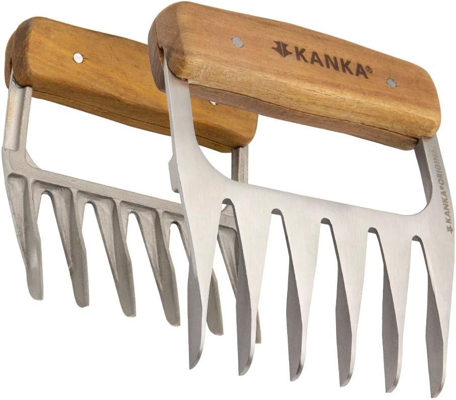 KANKA Grill Meat Shredder Claws - 5X Thicker Professional Stainless Steel BBQ Claws for Effortless Shredding and Cutting of Pulled Pork, Chicken, Turkey, Beef - Set of 2 with Durable Wood Handles