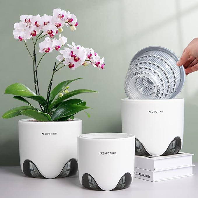 4 inch Orchid Pots with Holes, Set of 2, Double Layer Plastic Imitate Ceramic Planters for Good Air Circulation