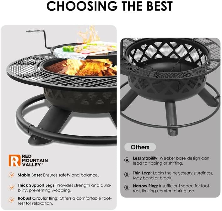 Red Mountain Valley 47" Outdoor Fire Pit with Adjustable Grill, 2-in-1 Outdoor Large Wood Burning Firepit Bowl, Bonfire Patio Fire Pits with Cooking grates, Metal Round Table for Backyard