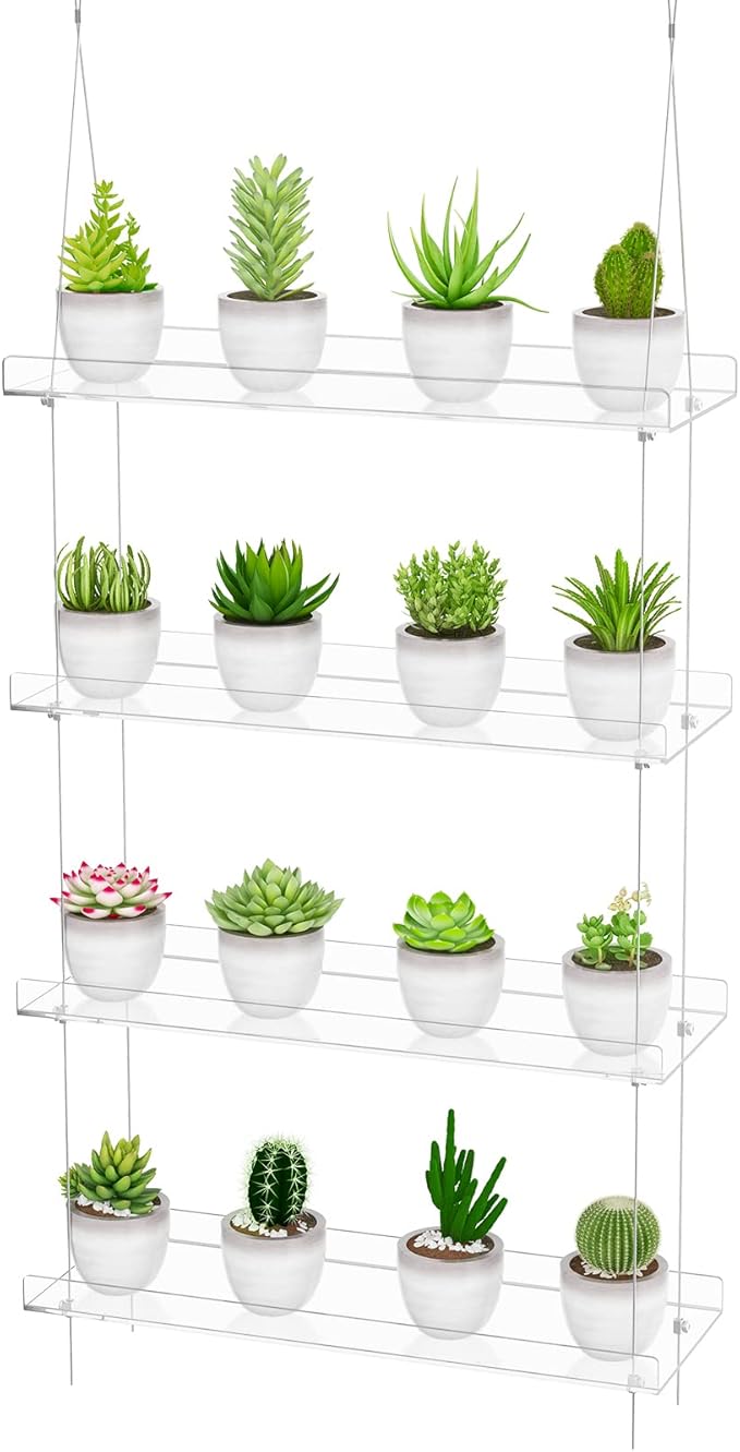 4-TierClear Plant Shelves, Height Adjustable Hanging Acrylic Indoor Wall Hanging Plant Stand Flower Display, Flower Pot Organizer Storage for Window Grow Herbs, Microgreens, Succulents, 16 Inch