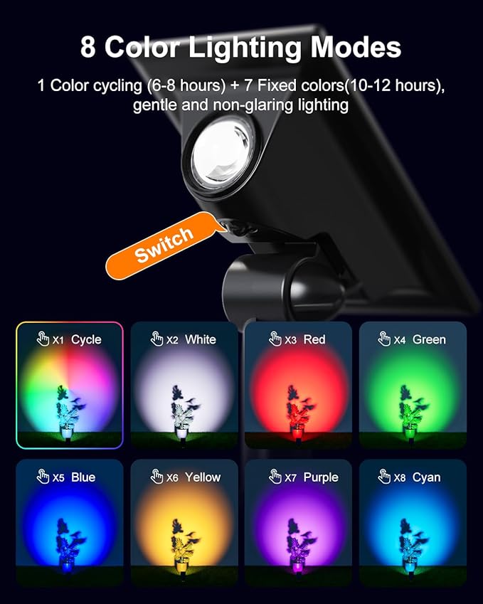 6 Pack Color Changing Solar Power Spot Lights Outdoor Waterproof LED Dusk to Dawn Landscape Spotlight Lamp for Outside Yard, Tree, Flag, Garden, Statues, 8 Colorful Modes, Accent Decorative Lighting