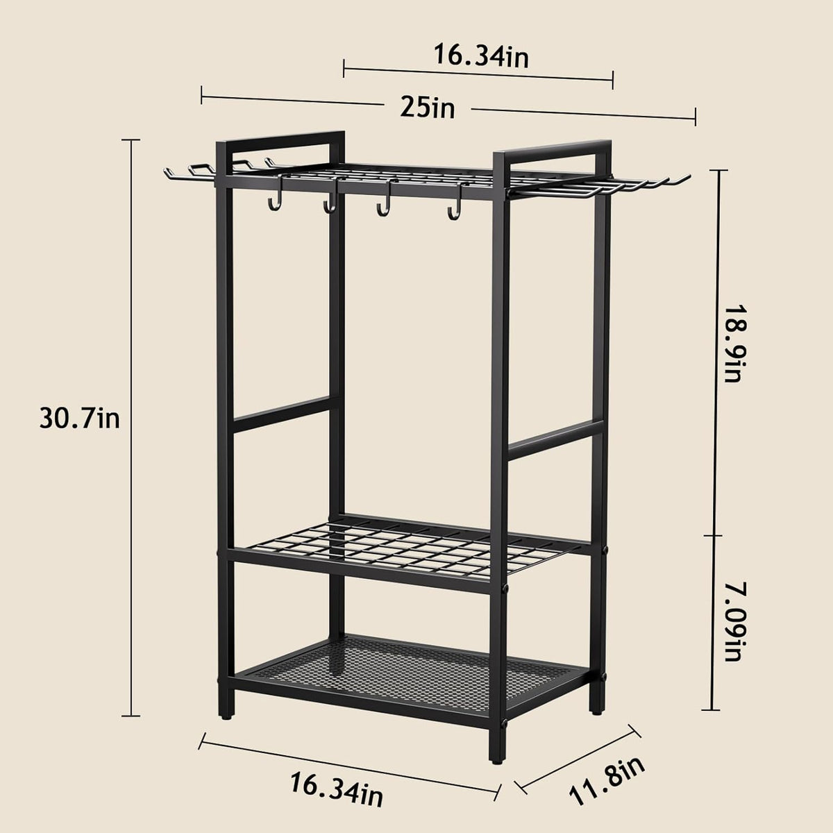 Garden Garage Tool Organizer - Yard Tool Organizer for Garage with 4 Hooks, Heavy duty Steel Garden Tool Rack Holds up to 48 Long Handled Yard tools for Storage