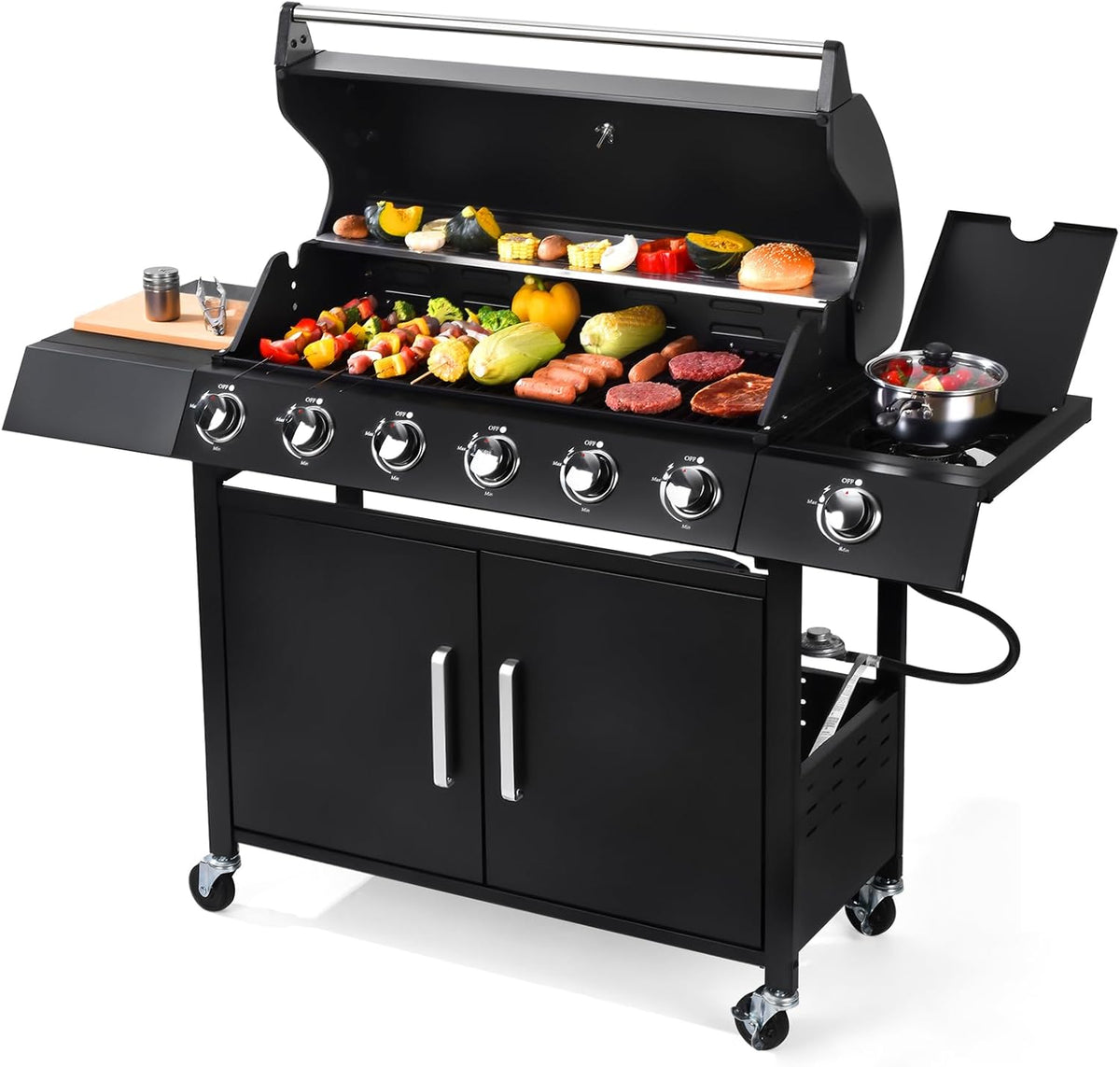 Q032-6-Burner w/Side Burner Gas Grill with 403 SQ.IN. Outdoor Grill with 60,000 BTU,Propane Grills with Top Cover Lid,Grills Outdoor Cooking for Patios,Balcony,Camping,Garden
