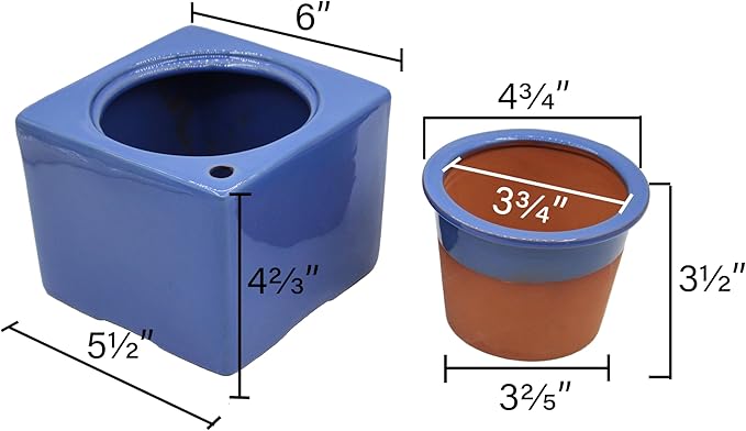 2-Pack Ceramic African Violet Self Watering Pot 6 Inch Square Pot 3.5 Inch Innter Pot Easy Fill Water Reservoir Blue