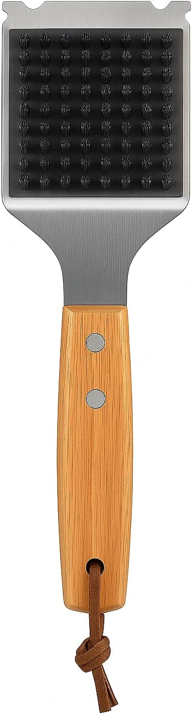 Blue Smoke Grill Brush and Scraper – Heavy Duty BBQ Cleaner with Stainless Steel Bristles, Solid Wooden Handle & Leather Strap – Barbecue Cleaning Tool for Gas, Charcoal, Smoker & Grill Grates