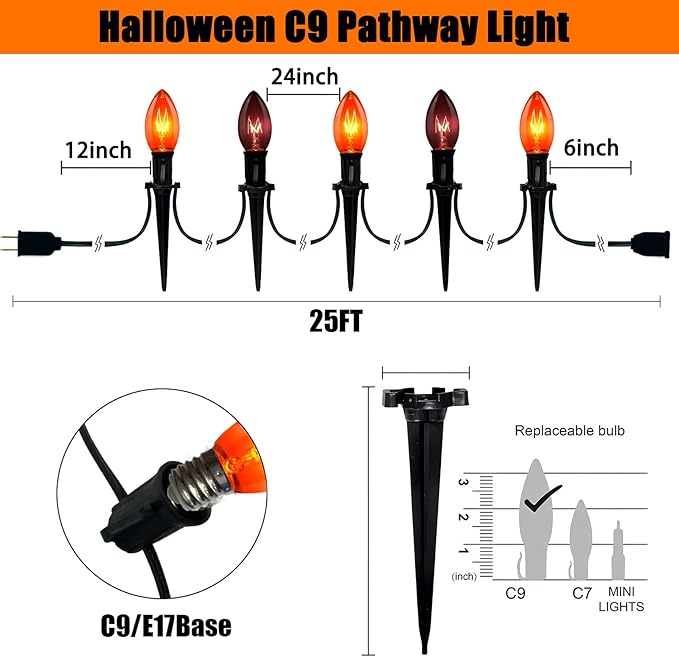 C9 Halloween Pathway Lights Outdoor, 19.5Ft Marker String With Orange and Black Stakes, Walkway Lights for Lawn Yard Sidewalk Garden Decoration