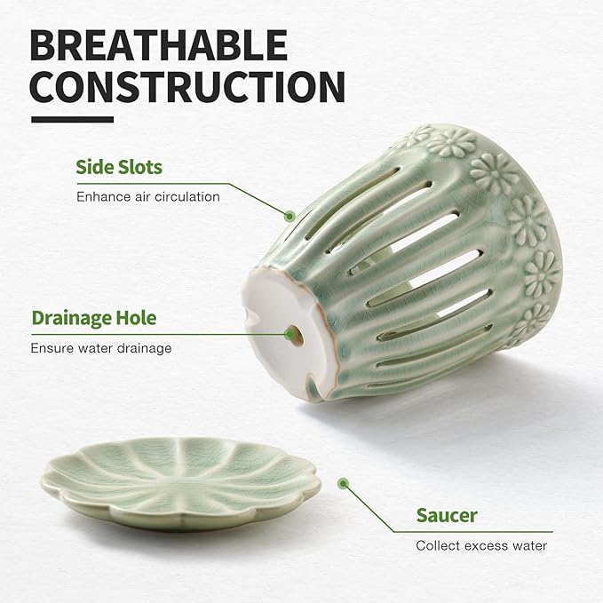 5" Ceramic Orchid Pots with Holes | Crackle Glazed Orchid Pot with Drainage and Separate Saucer | Ideal Plant Pot for Repotting Orchids and Other Flowers(Green)