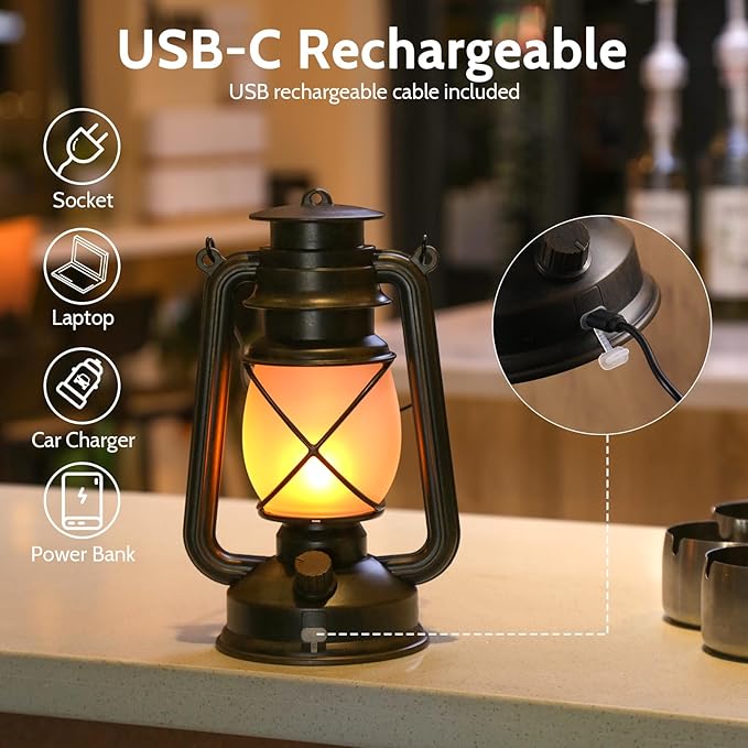 Hanging Waterproof Outdoor Lanterns Lights,Vintage Rechargeable Lantern LED with Dancing Flame,Remote Control 4 Modes Light Non-Solar for Table Patio Garden Yard Pathway Porch (2)