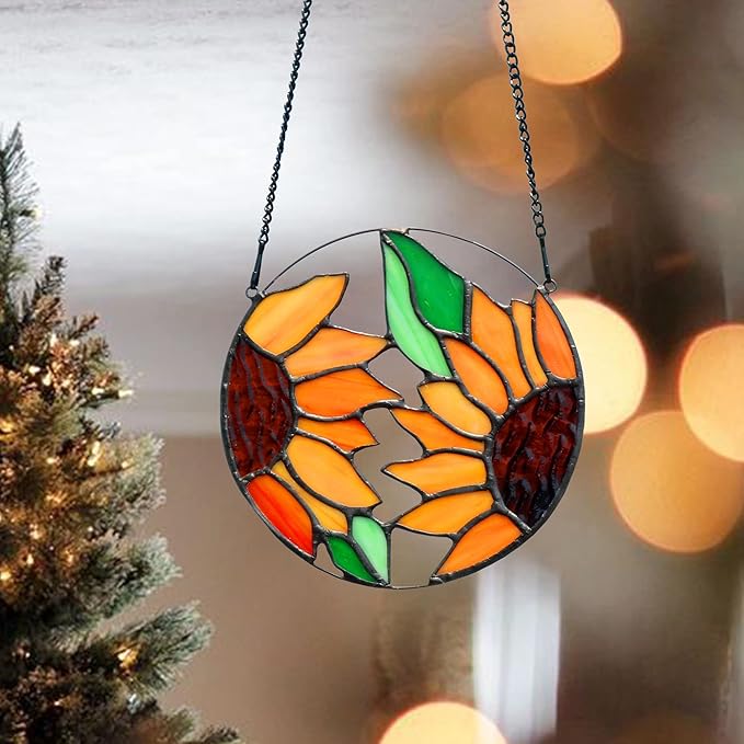 BOXCASA Sunflower Decor Stained Glass Window Hanging,Handmade Art Craft Sun Flower Glass Suncatchers for Window,Tiffany Style Ornament Home Decoration Housewarming Gifts for Mother