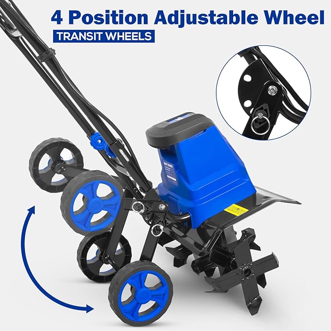 BILT HARD 14-Amp 18-Inch Electric Tiller Cultivator, 8'' Tilling Depth Corded Garden Rototiller, 6 Steel Front Tines Roto Tillers with Adjustable Wheels & Foldable Handle for Garden Lawn Soil Digging