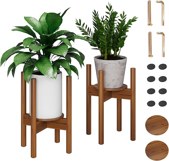 2 Pack Adjustable Plant Stand, Bamboo Plant Stand Indoor with Tray, Wood Plant Stand for 8 to 12 inches Flower Pots, Single Mid Century Modern Plant Stand for Indoor Plants, Walnut
