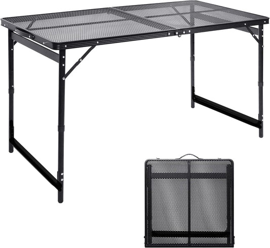 Camping Table 4FT Grill Table Foldable Folding Picnic Portable Stand Mesh 3 Height Adjustable Outdoor Card BBQ RV Black 47.2×23.6 inch