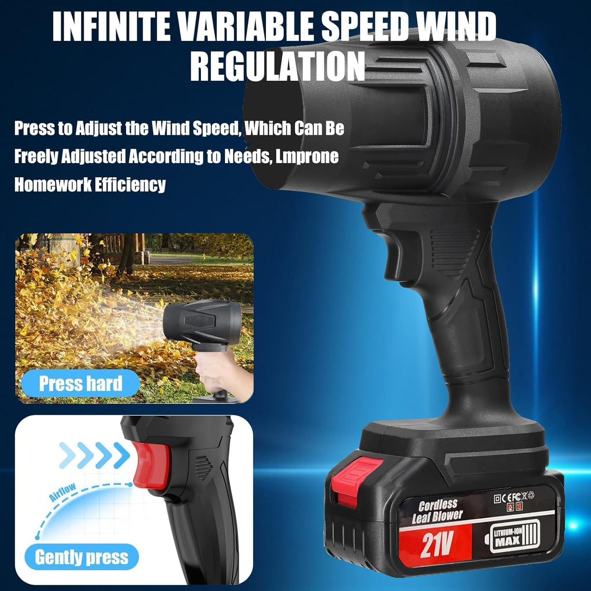 Cordless Leaf Blower Portable Dust Cleaner Electric Blower Lightweight Handheld Leaf Blast with Stepless Speed, with 2 Batteries for Patio Cleaning, Blowing Leaves, Drying, Camping