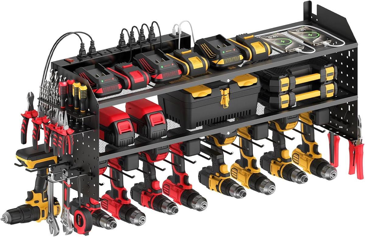 JUNNUJ Large Power Tool Organizer Wall Mount with Charging Station. Garage 8 Drill Holder Tools Battery Storage Shelf, Heavy Duty Utility Storage Rack Built in 8 Outlet 3 USB 6 FT Power Strip