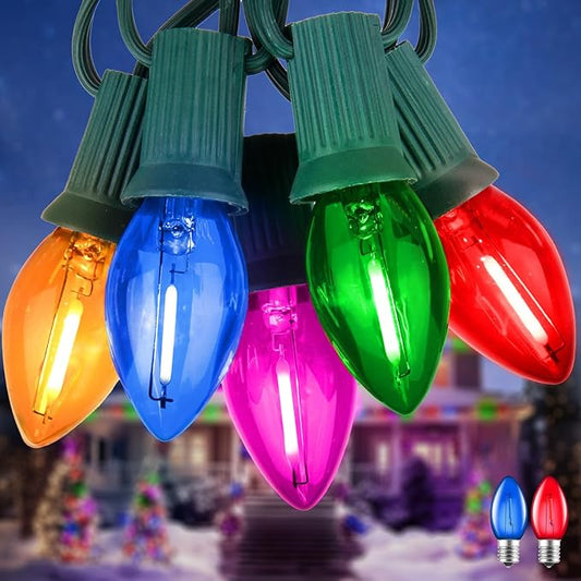 50FT C7 Multicolor Christmas Lights, C7 Vintage Christmas String Lights with 50+2 Plastic Bulbs(2 Spare), Weatherproof Hanging Christmas Lights for Holidays Christmas Tree House Party Patio Decor