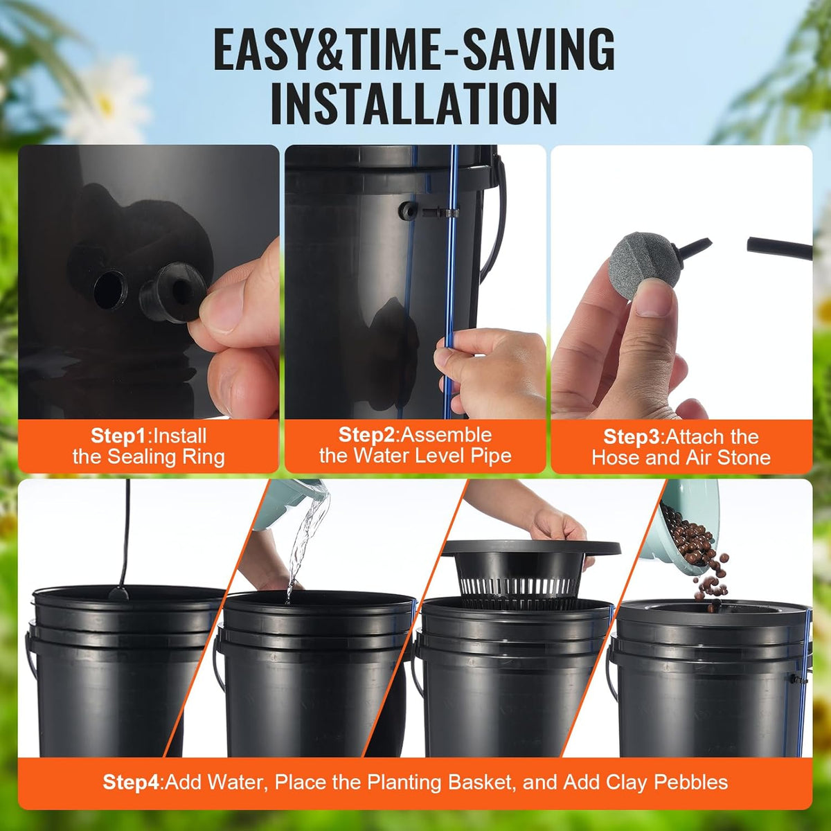 VEVOR DWC Hydroponics Grow System, Hydroponic Growing System with Top Drip Kit, Deep Water Culture 5-Gallon 4 Buckets, with Air Pump, Air Stones and Water Level Device for Leafy Vegetables