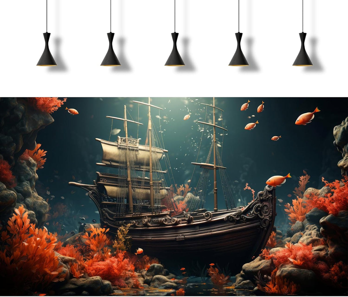 Pirate Shipwreck Aquarium Background Under The Sea Coral Reefs Fish Tank Background Underwater Sunken Ship Landscape Terrarium Background Tropical Sea Marine Life Aquarium Tank Background 60x24in