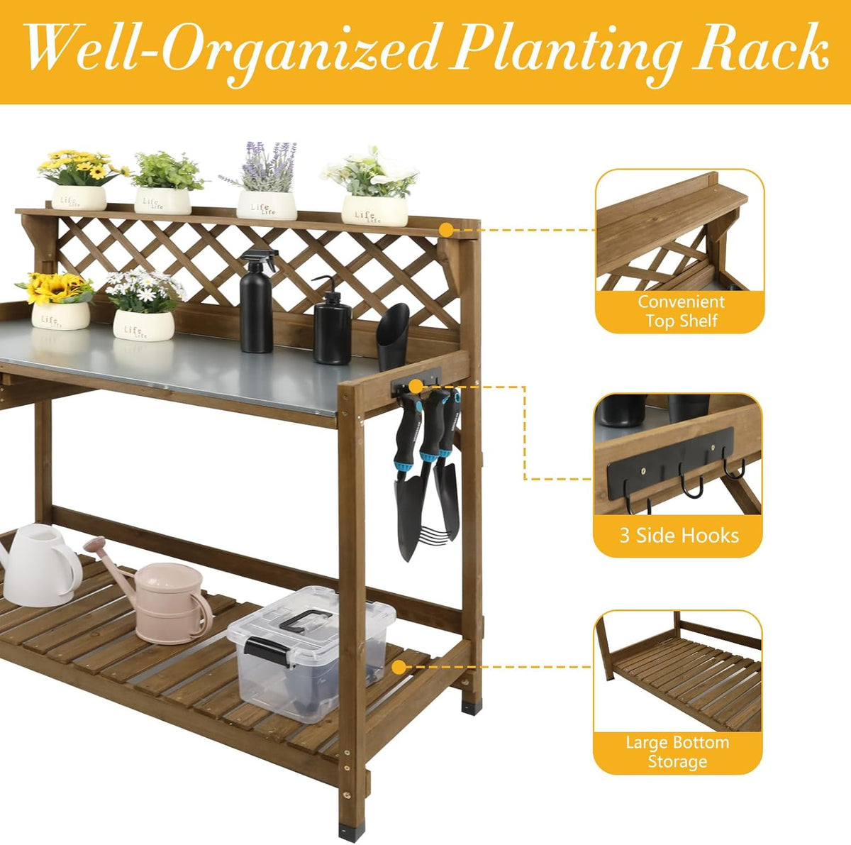 Garden Potting Bench with Metal Tabletop,Outdoor Potting Table Workstation Benches with Drawer/Storage Shelf，Fir Wood Potting Station Work Table with Open Shelf,Lattice Back (Brown)