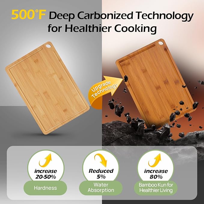 Butcher Block 2-Pcs Carbonized Bamboo Cutting Board Set With Juice Groove For Meal Prep & Cheese Serving - Ideal Kitchen Gift Set of 2 (M+L)