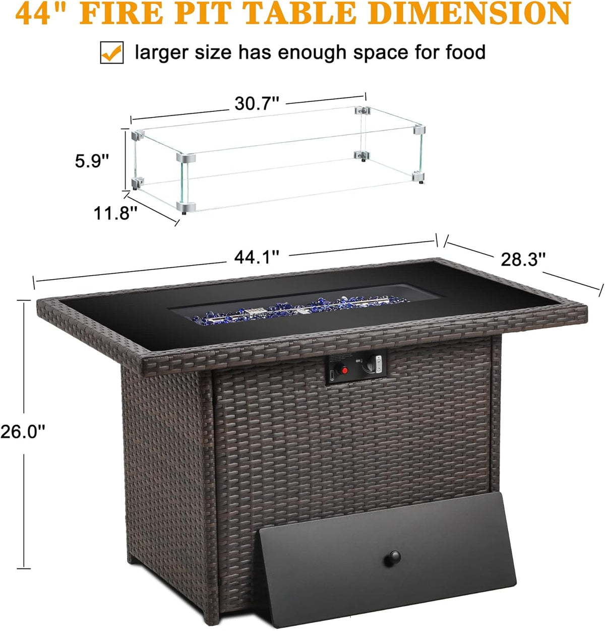 LayinSun 44" Propane Gas Fire Pit Table, 55000 BTU Rectangular Fire Pit with Glass Wind Guard for Outside Patio Deck Garden Backyard