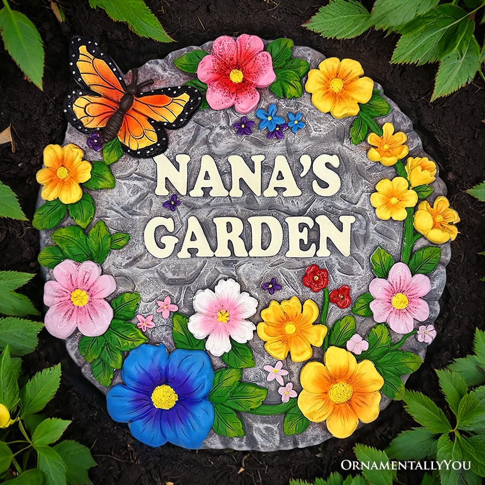 Elegant Resin Stepping Stone, Outdoor Garden Pathway Decoration (Nana’s Garden Floral Stepping Stone, 9.5" Decorative and Gift for Grandmother)