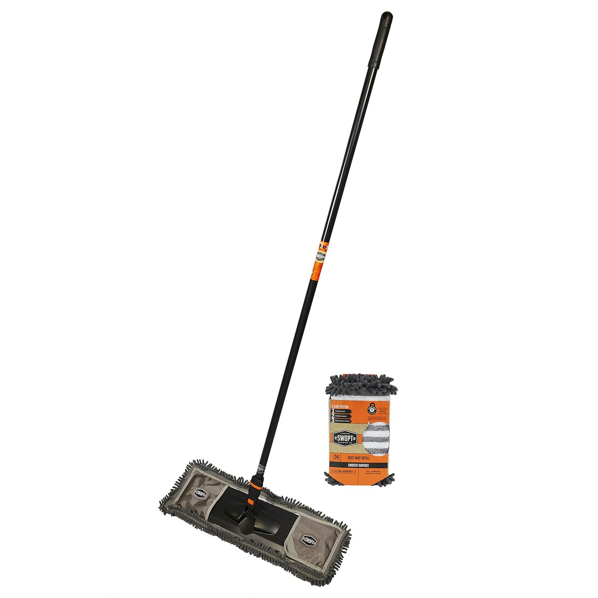 SWOPT 24” Microfiber Dust Mop + 60" Steel Handle, Combo — Includes Additional 24” Microfiber Refill, Machine Washable — Dust Mop Head with Long Handle Interchangeable with All SWOPT Cleaning Products