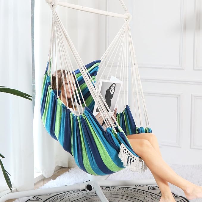Chihee Hammock Chair Hanging Chair with Foot Rest 2 Cushions Max 500lbs Robust Metal Spreader Bar Collapsible Easy Storage Soft Cotton Swing Chair Strong Strap Iron Carabiner Side Pocket Included