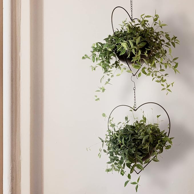 Hajia 2 Pack Heart Shaped Hanging Plant Holder with 7.5inch Detachable Pot, Black Metal Modern Hanging Planter for Indoor Outdoor, Minimalist Wall Ceiling Plant Hanger for Home Wedding Decor