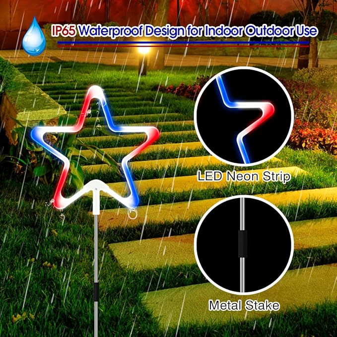 4th of July Decorations Red White and Blue Light, 4PCS Big LED Neon Star Pathway Lights Outdoor, Patriotic Garden Stake Lights with 8 Modes Waterproof for Independence Day Yard Lawn Decor