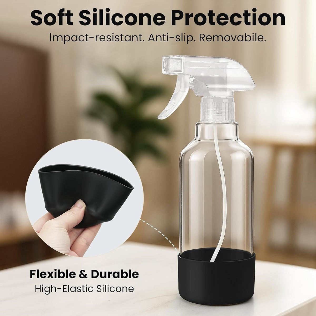 Glass Spray Bottles with Silicone Sleeve 16.9oz 2 Pack Empty Spray Bottle for Hair Mist/Stream Spraying for Cleaning Solutions, Plants, Essential Oils (clear-grey&black)
