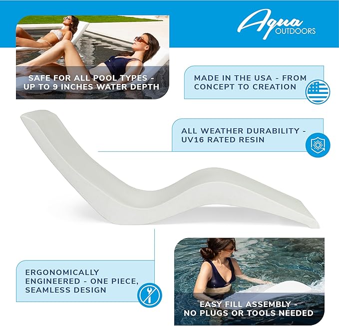 Aqua Outdoors - in-Pool Chaise Lounger - Inside Pool & Sun Shelf Lounge Chair - Designed for Water Depths Up to 9” - Compatible with All Types - Poolside & Sun Deck Tanning - White Granite