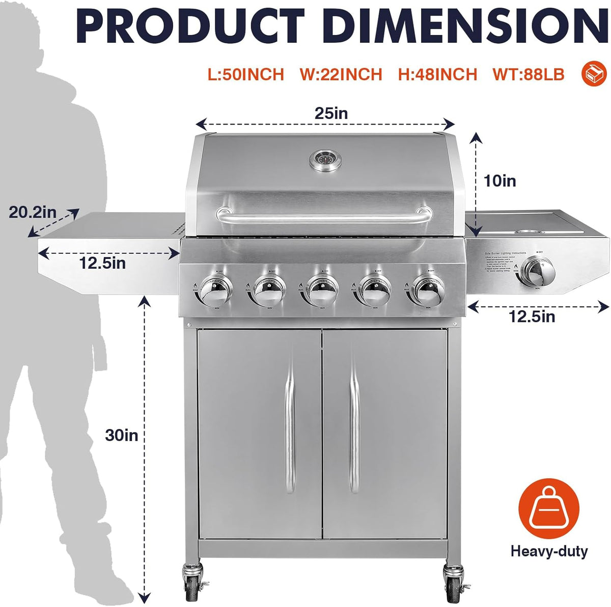 Llamaviva 5 Burner Propane Gas Grill with Side Burner,Stainless Steel BBQ Grill with Porcelain-Enameled Cast Iron Grates, 68000 BTU Cabinet-Style Cart Design for Outdoor Patio Barbecue- food clip