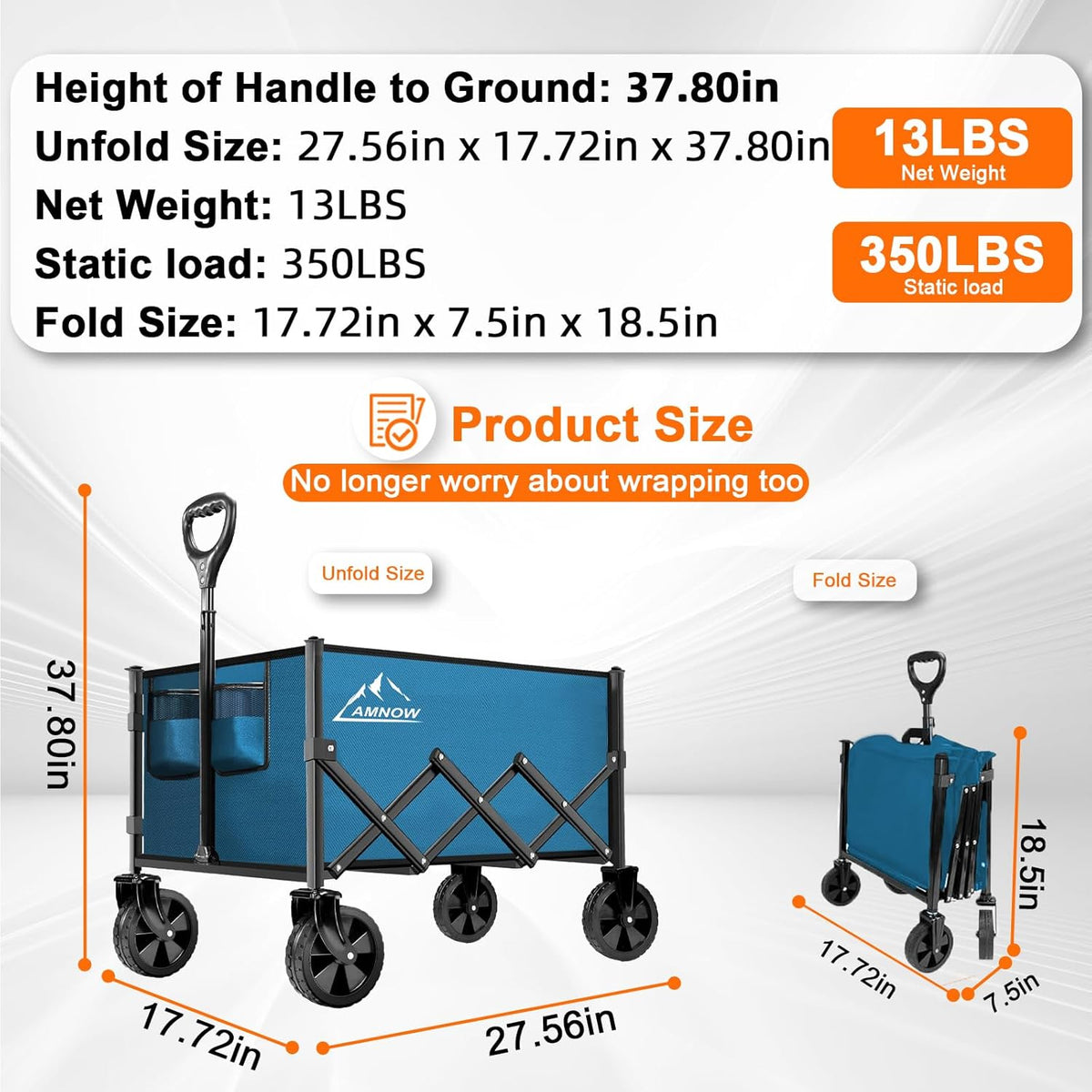 Collapsible Folding Wagon Cart, 350LBS Utility Large Capacity Cart Foldable Wagon with All Terrain Wheels, Grocery Wagons Carts for Garden Shopping Sports Camping, Blue