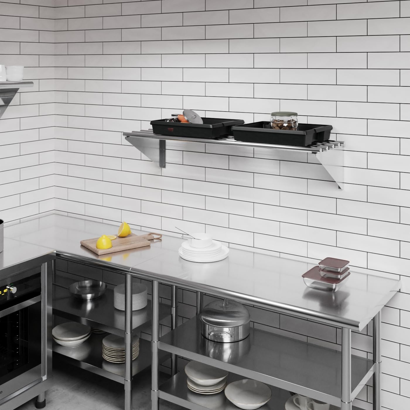 AmGood 14 in. x 48 in. NSF Stainless Steel Tubular Wall Shelf | Heavy-Duty Metal Shelving for Appliances & Equipment | Ideal for Kitchen, Restaurant, Garage, Laundry, Utility Room