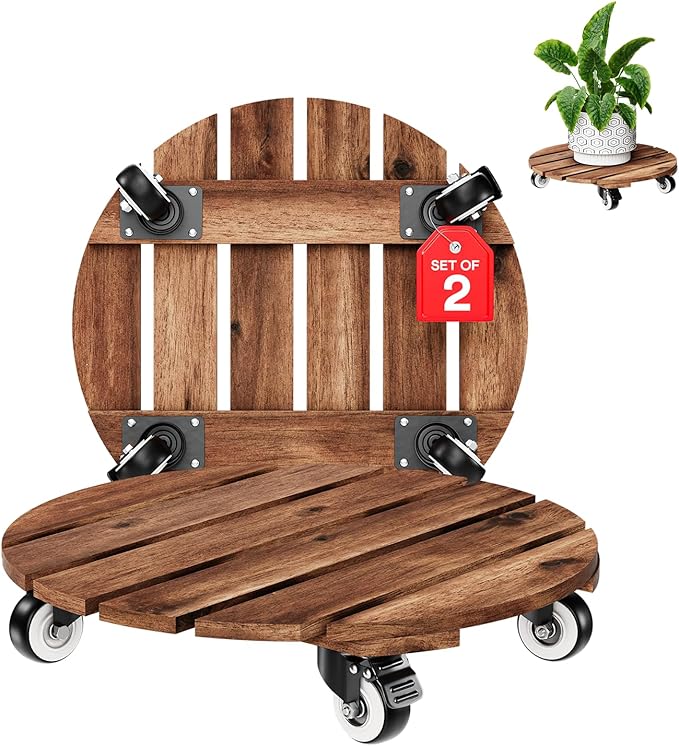 2pack Wood Plant Caddy With Wheels Heavy Duty Red Brown, 264 Lbs Capacity, 12 Inch Acacia Hardwood Plant Dolly, Plant Stand with 360° Lockable Wheels for Plant Pots, Heavy Objects Hauling