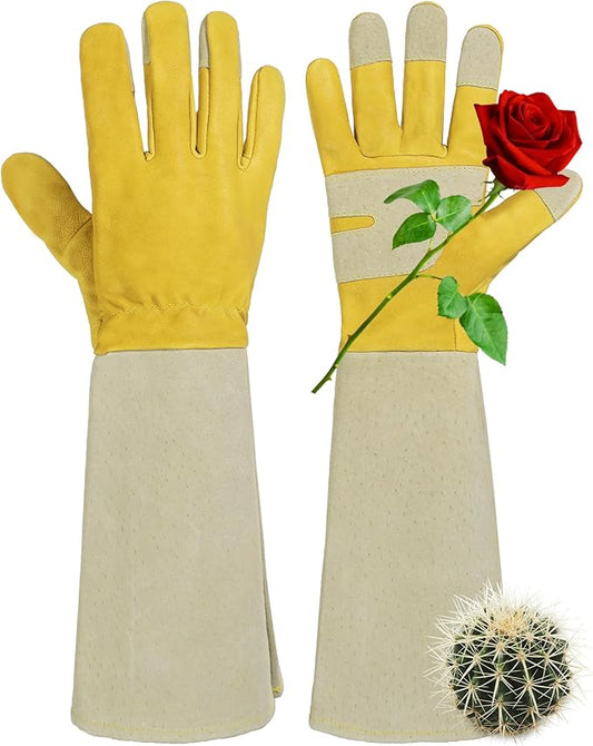 HANDLANDY Rose Pruning Gardening Gloves for Men Women, Thorn Proof Forearm Protection Leather Garden Gloves, Gardening Gifts for Gardeners (Yellow- goatskin, Large (Pack of 1))
