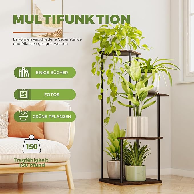 Bamworld Small Plant Stand Indoor, 4 Tier Metal Plant Shelf for Multiple Plants, Corner Flower Stand for Patio Garden Balcony Living Room Bedroom(Brown)