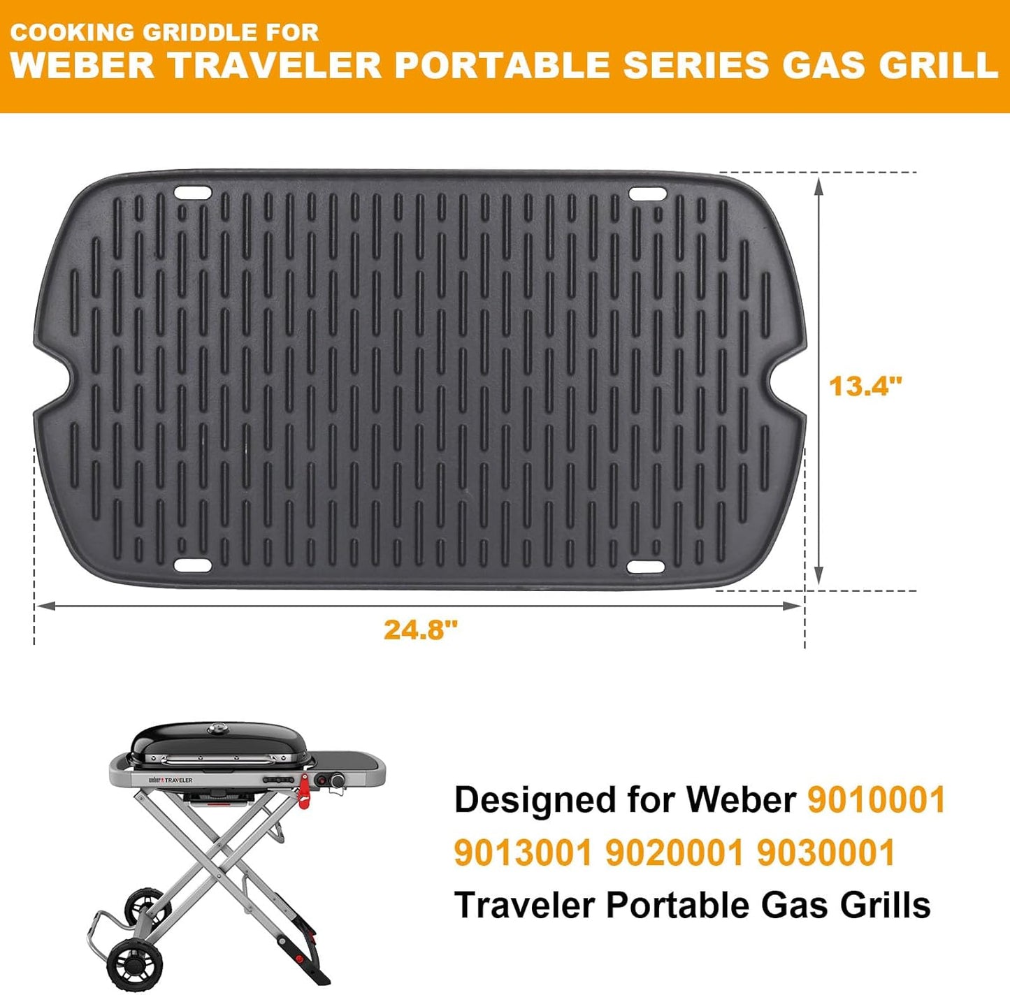 Cast Iron Grill Griddle for Weber 9010001 9011701 9013001 9020001 9030001 Traveler Portable Grill Accessories, Reversible Full Size Cooking Plate with Carry Bag