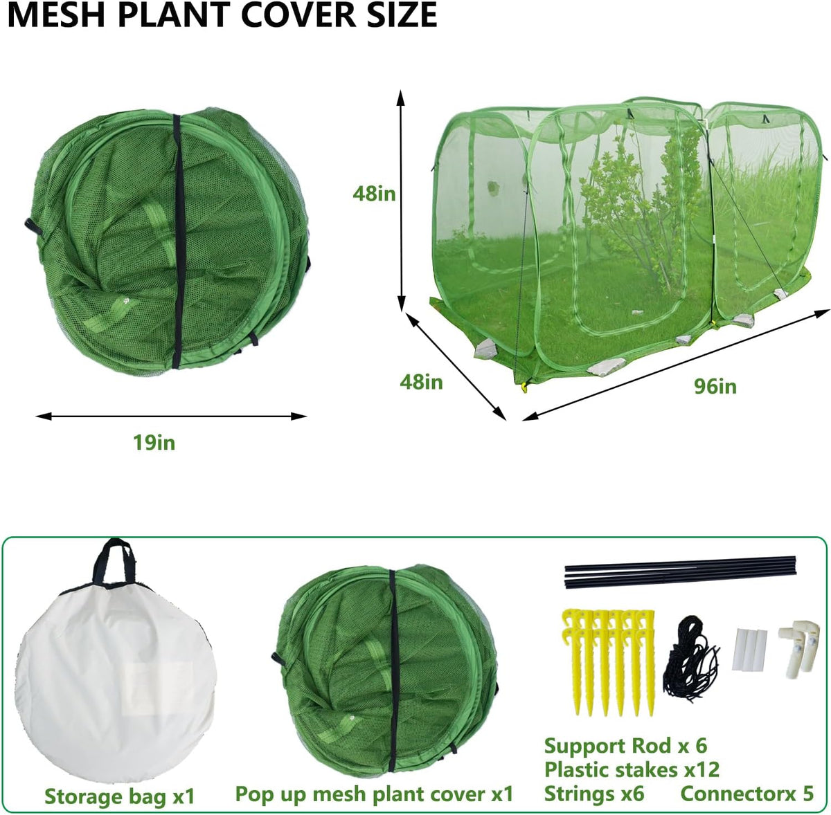 Pop Up Mesh Plant Cover 96’’x48’’x48’’, Garden Row Plant Cover for Raised Garden Bed, Plant Tent for Vegetables, Seedlings Fruits and Herbs Breathable Outdoor Lawn, Yard Use