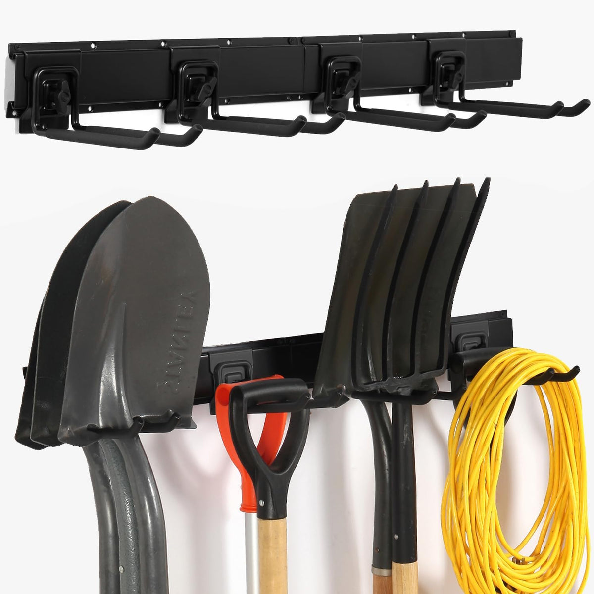 Locking Garden Tool Organizer, Garage Organization Wall Mount Storage Rack, Heavy Duty Metal Yard Tool Organizer, Adjustable Hanging Hooks, Hold Up to 3000lbs (32Inch Black)