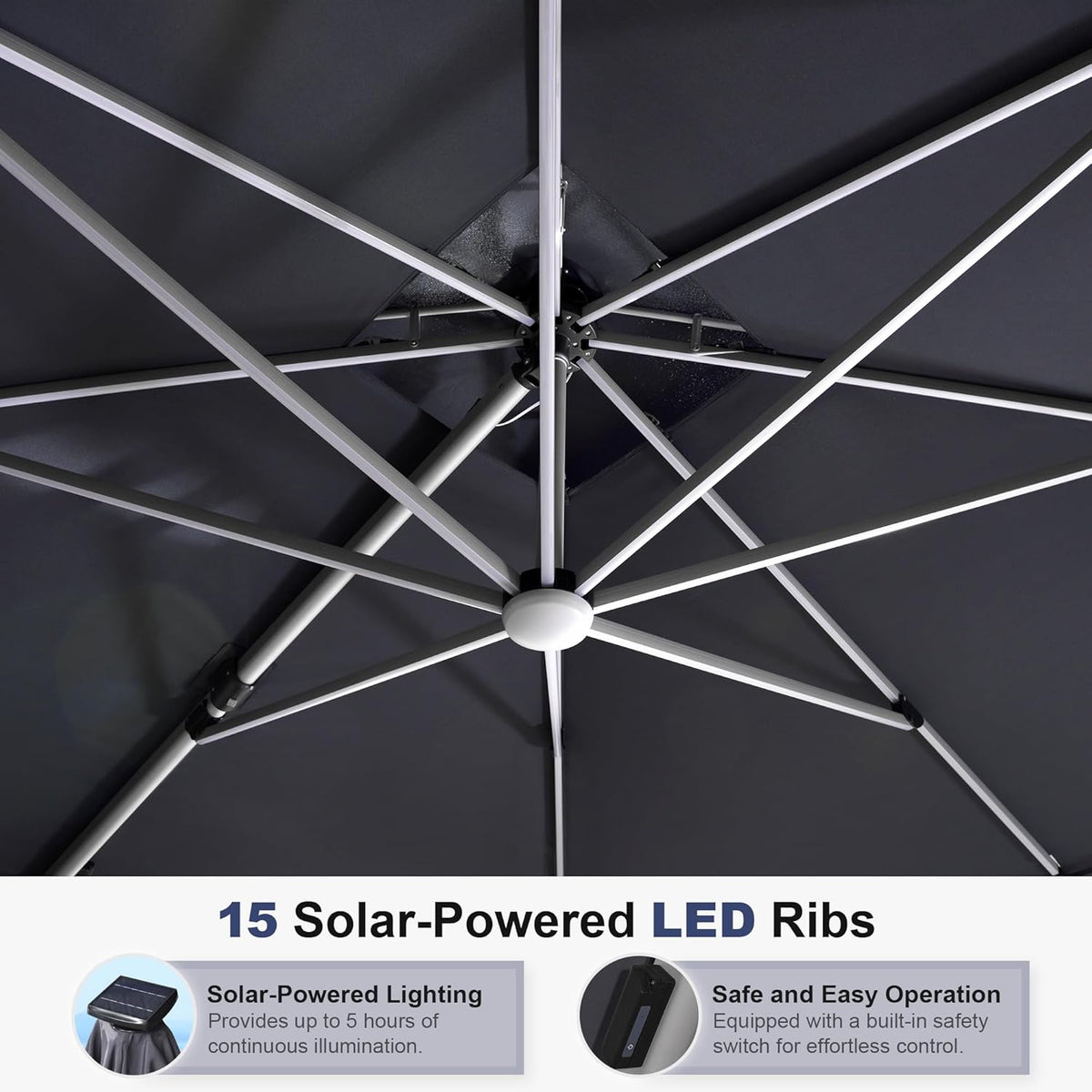 PURPLE LEAF 10 Feet Double Top Deluxe Solar Powered LED Square Patio Umbrella Offset Hanging Umbrella Outdoor Market Umbrella Garden Umbrella, Grey