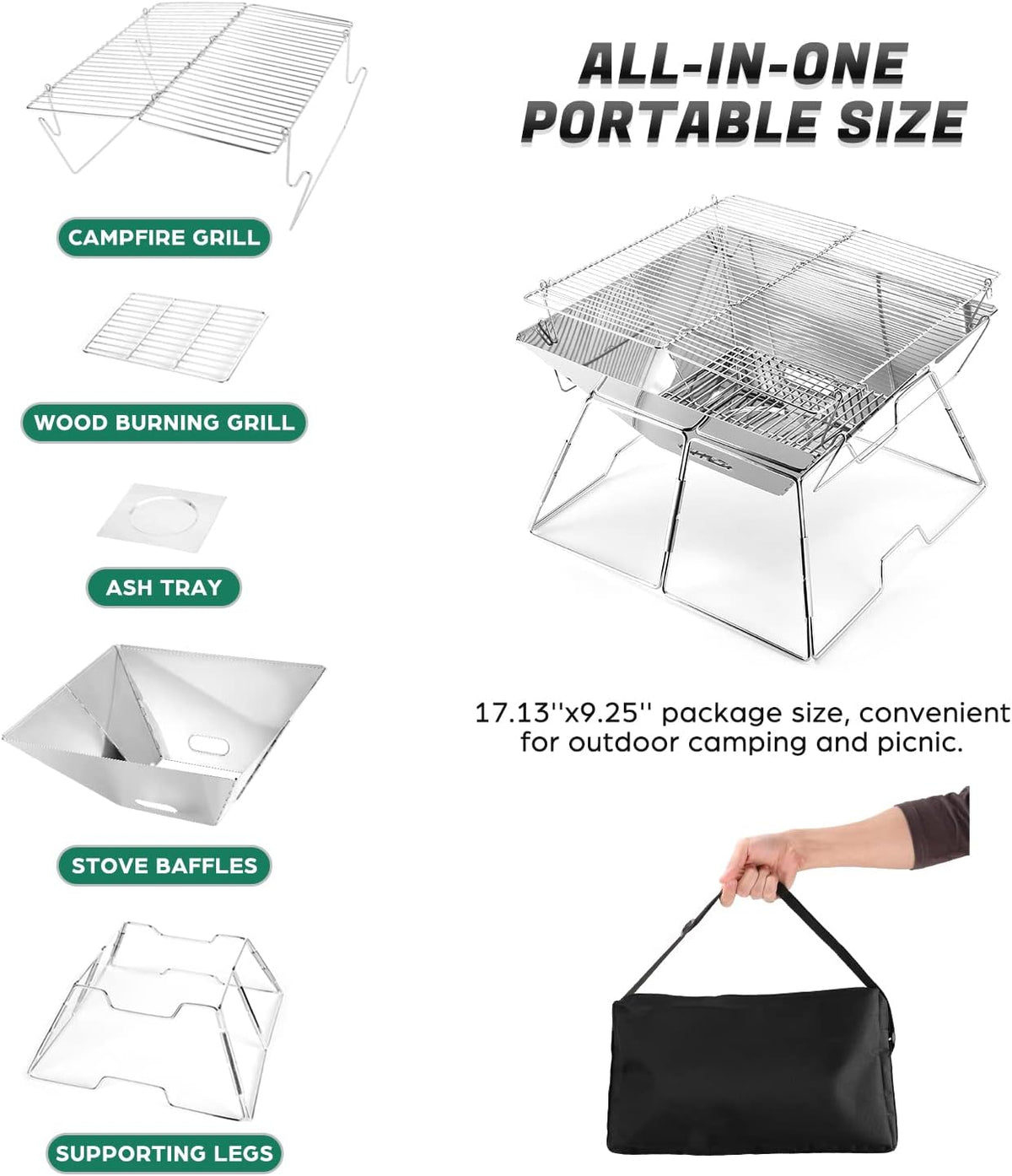 Odoland Folding Campfire Grill, 304 Stainless Steel Grate Barbeque Grill, Portable Camping Grill with Legs for Picnics, Backpacking, Outdoor with Carrying Bag and Kitchen Tongs