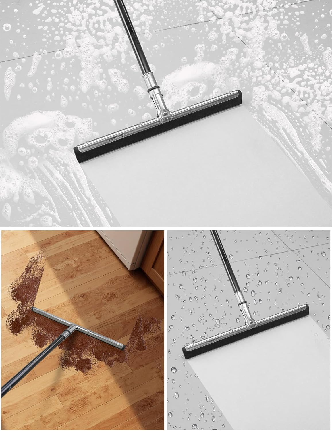 ROLLINGDOG 24" Rubber Floor Squeegee Attachable Extension Pole with 1/4" Non-Marking Blade for Concrete and Large Floor,Garage,Warehouse Cleaning
