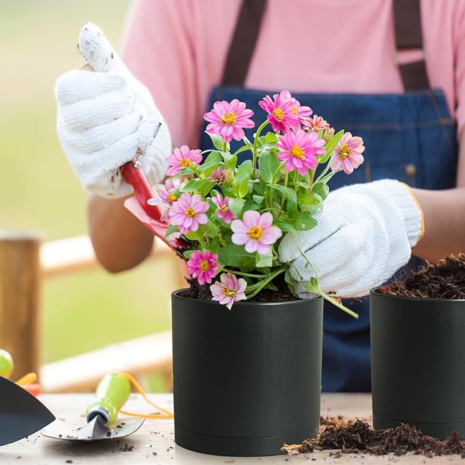 8/7/6 inch Plant Pots, 3 Set Cylinder Flower Pots for Outdoor Indoor Plants, Decorative Plastic Planters with Drainage Holes and Saucers for Garden House Plants, Black